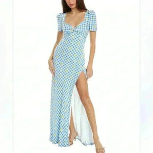 NWT Staud Lea Dress, Blue + White Gingham Daisy Plaid, Slit, Cap Sleeves, SZ 00